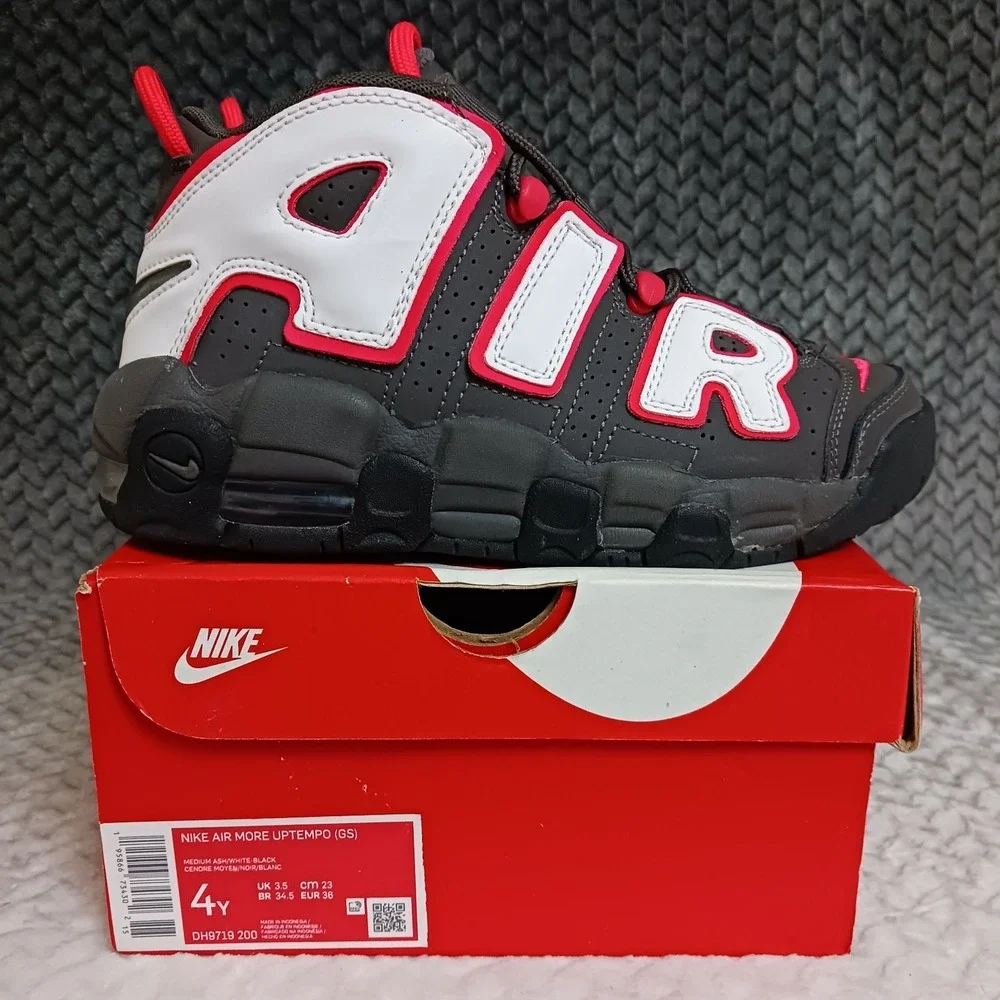 Nike Air More Uptempo GS Medium Ash Red White Black Basketball Shoes Size 4Y